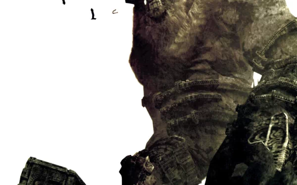 HD desktop wallpaper featuring a colossal figure from the video game Shadow of the Colossus, with a samurai silhouetted against the large, intricately detailed giant in the background.