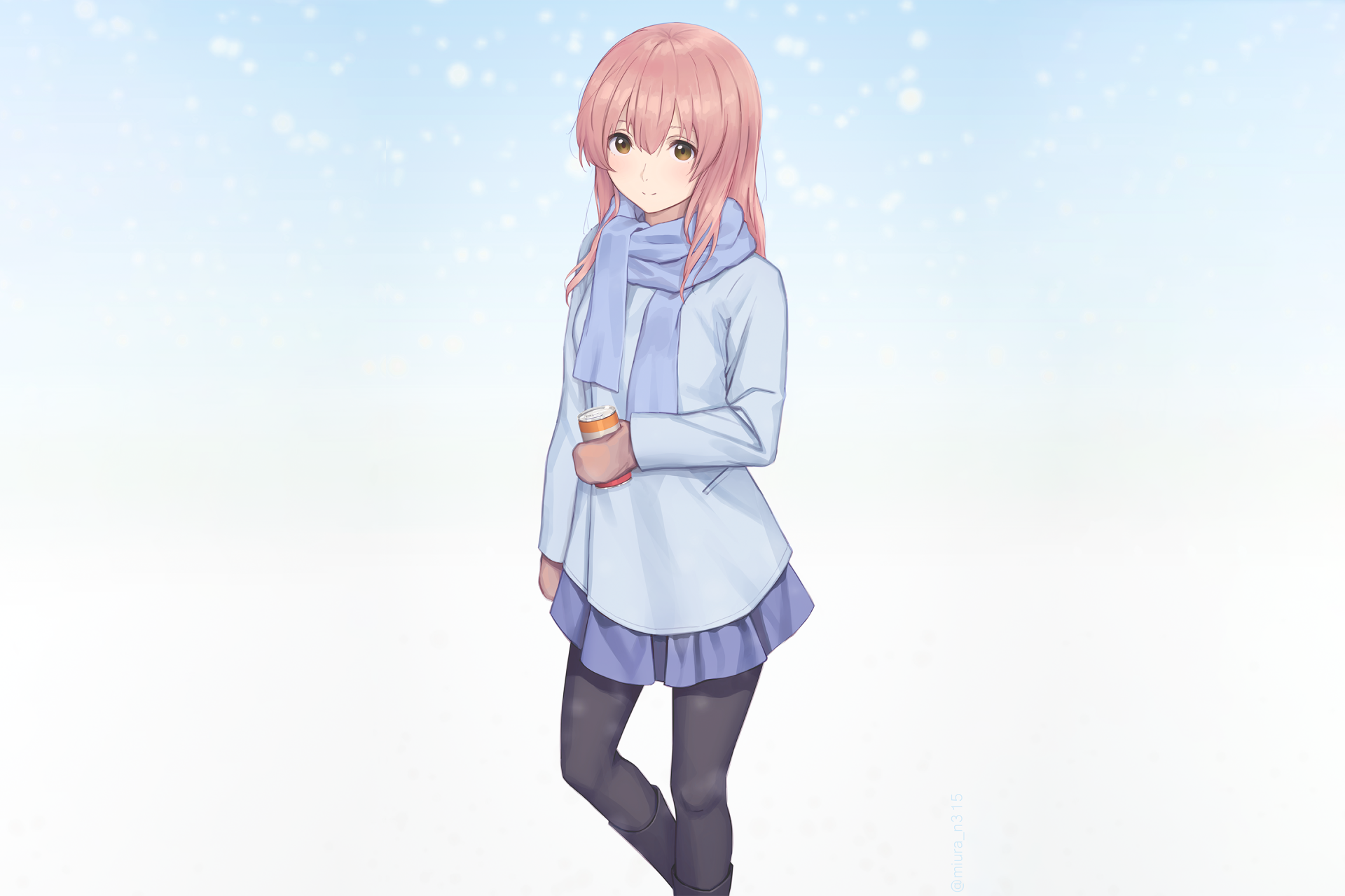 HD desktop wallpaper featuring Shouko Nishimiya from the anime A Silent Voice standing against a light, snowy background. She is dressed in a blue coat and scarf, holding a warm drink.