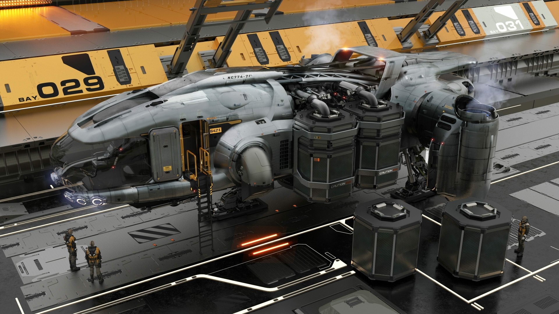 4K Ultra HD PC desktop wallpaper showcasing a detailed spaceship from the video game Star Citizen docked in a futuristic hangar bay.