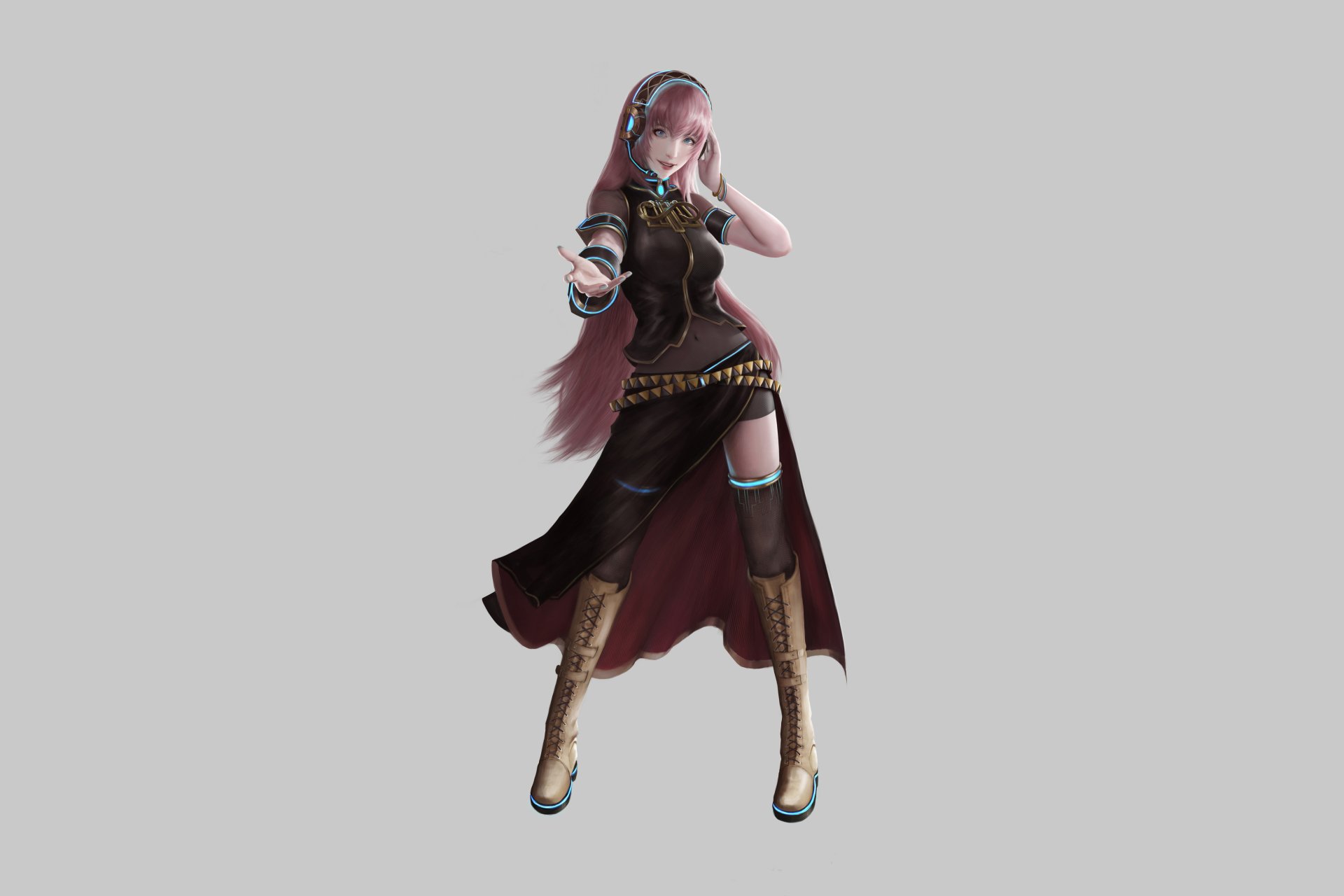 4K Ultra HD anime wallpaper featuring Vocaloid character Luka Megurine in a dynamic pose with her signature pink hair and black outfit on a plain background.