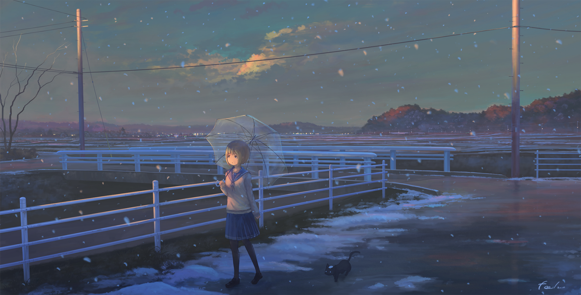 A blonde schoolgirl in a uniform walks through snowy scenery, holding an umbrella. The serene atmosphere and anime style create a captivating HD background.