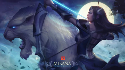 HD desktop wallpaper featuring Mirana from Dota 2, poised with her bow against a glowing moon and a fierce white beast in the background.