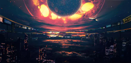 HD PC Desktop Wallpaper and Background: futuristic Sci Fi city with towering skyscrapers piercing cloud layers beneath a glowing orbital sky — a dramatic sci fi cityscape.