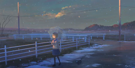 A blonde schoolgirl in a uniform walks through snowy scenery, holding an umbrella. The serene atmosphere and anime style create a captivating HD background.