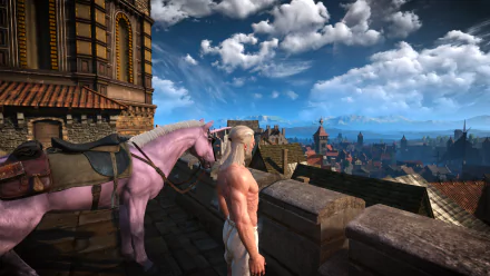 Geralt of Rivia stands shirtless on a rooftop overlooking a detailed cityscape in The Witcher 3: Wild Hunt, with his pink horse beside him under a partly cloudy sky.