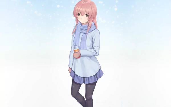 HD desktop wallpaper featuring Shouko Nishimiya from the anime A Silent Voice standing against a light, snowy background. She is dressed in a blue coat and scarf, holding a warm drink.