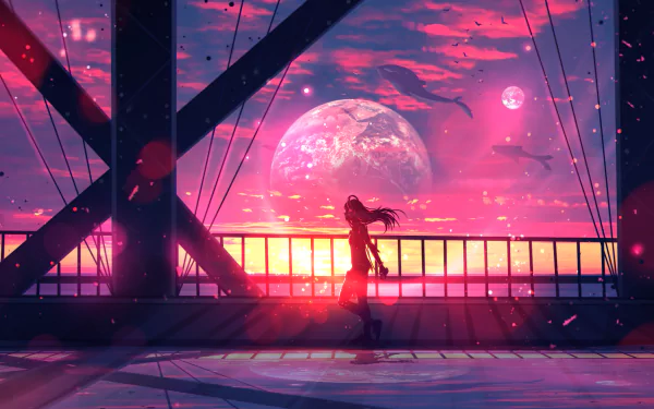 Anime-style fantasy wallpaper featuring a girl on a bridge, with a giant planet and soaring whales in a radiant pink sky.