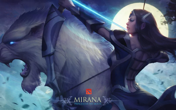 HD desktop wallpaper featuring Mirana from Dota 2, poised with her bow against a glowing moon and a fierce white beast in the background.