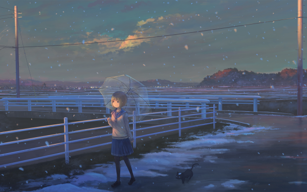 Anime Original Blonde Short Hair Schoolgirl School Uniform Umbrella Snow HD Wallpaper | Background Image