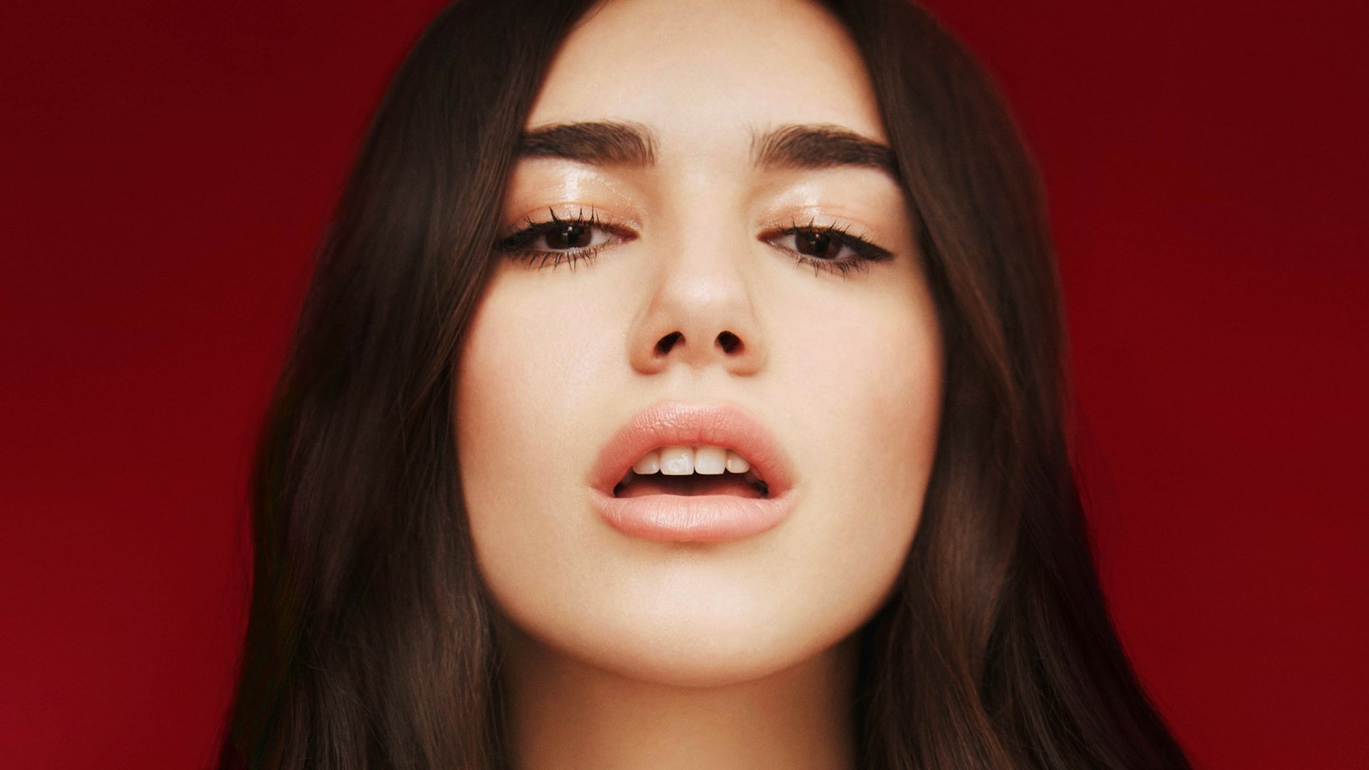 HD desktop wallpaper featuring singer Dua Lipa with brunette hair and brown eyes against a red background.