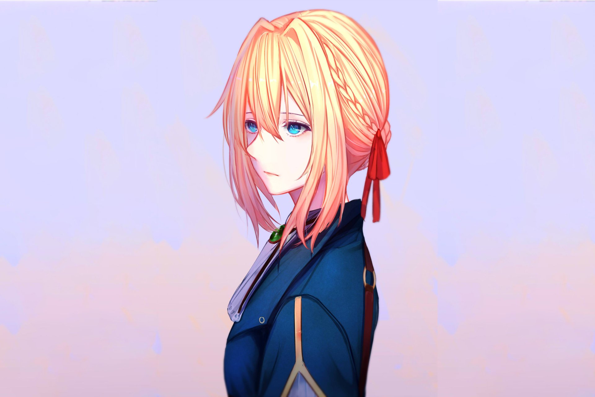 Violet Evergarden anime character in profile, braided blonde hair and blue eyes, wearing a blue uniform with a red ribbon, set on a soft pastel background — 2K Quad HD PC desktop wallpaper.