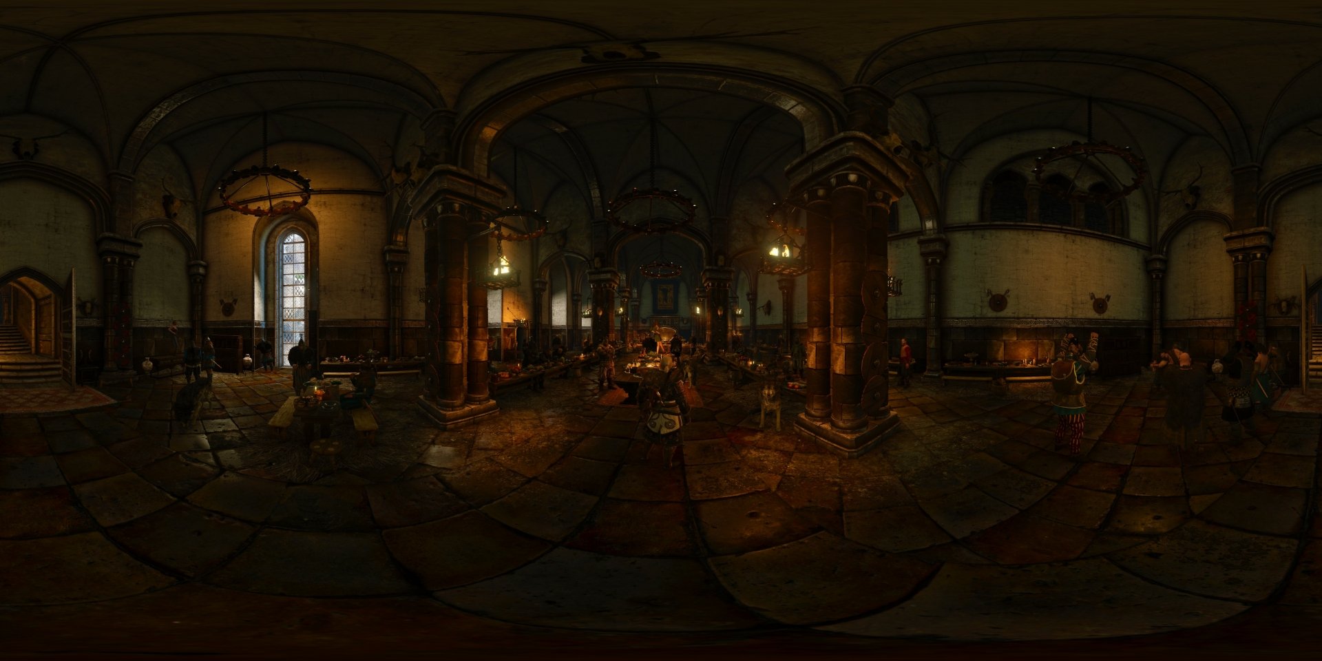 HD PC desktop wallpaper featuring a detailed interior scene from the video game The Witcher 3: Wild Hunt, showcasing medieval architecture and warm lighting.