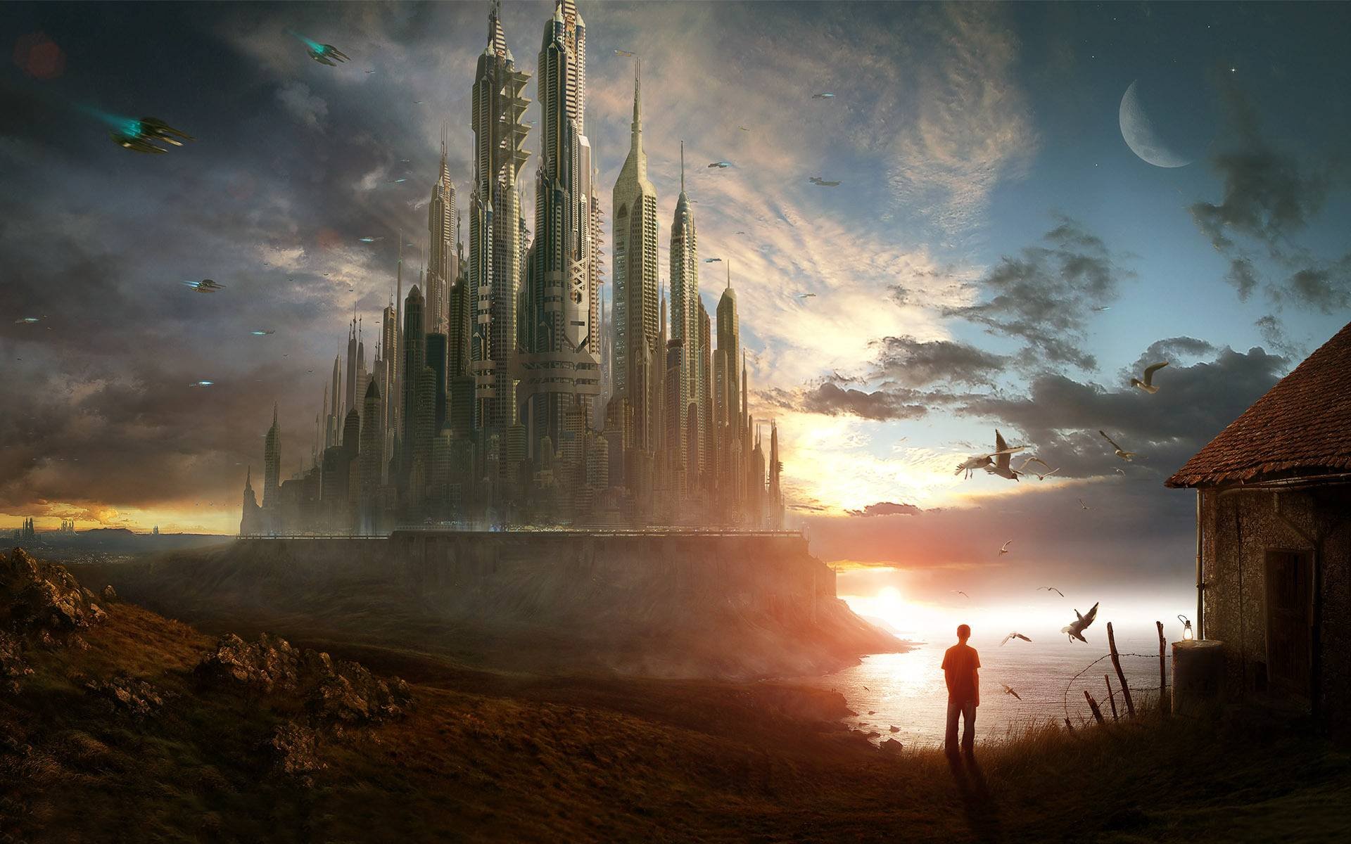 A person stands before a futuristic sci-fi city with towering skyscrapers under a dramatic sky, featuring flying vehicles and an illuminated horizon. 