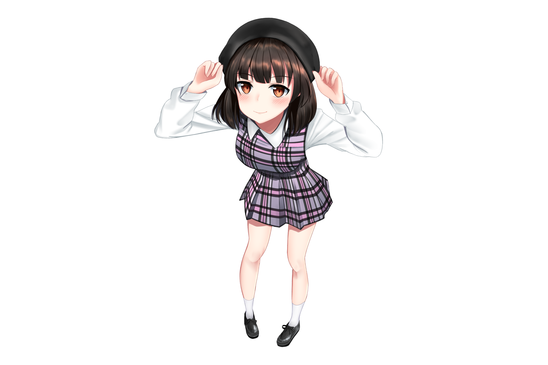 HD anime desktop wallpaper featuring Megumi Katō from Saekano: How to Raise a Boring Girlfriend, wearing a plaid dress and black beret, set against a white background.