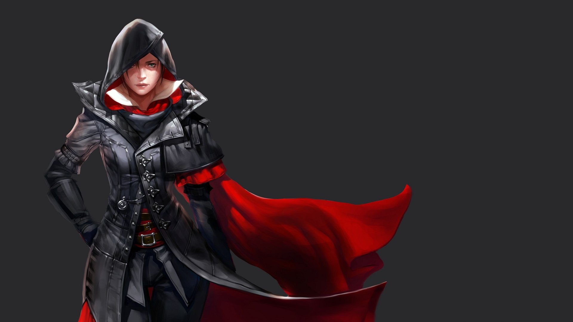 Evie Frye (Assassin's Creed: Syndicate) in a dark hooded coat with a flowing red cloak on a gray background — 2K Quad HD PC desktop wallpaper.