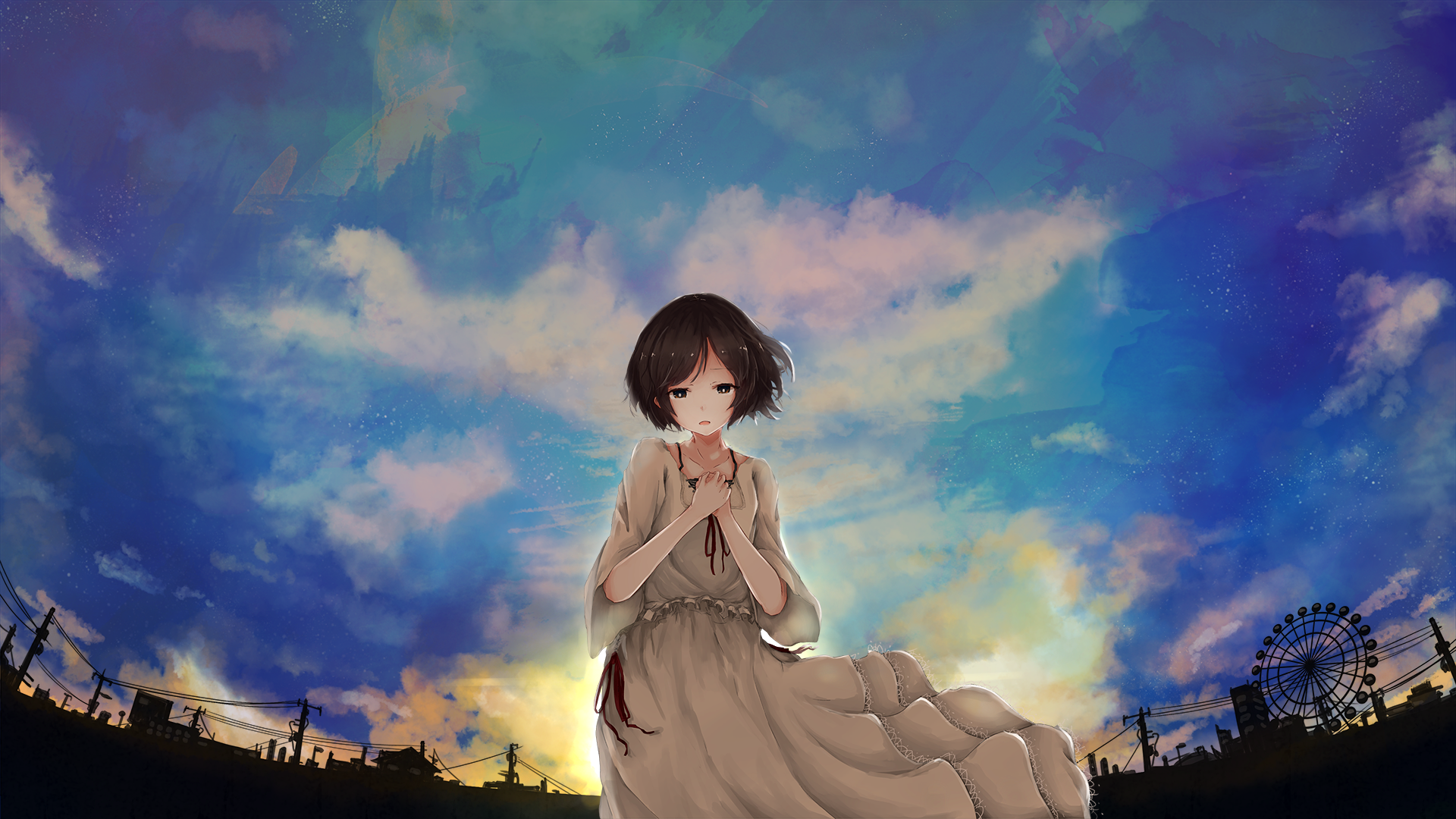 HD anime original desktop wallpaper featuring a serene young girl in a flowing dress against a vibrant, colorful sky at dusk with silhouetted cityscape and Ferris wheel.