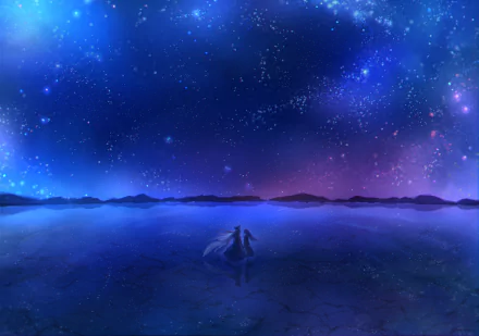 HD wallpaper featuring Setsuna Shimazaki as Gunpuku no Himegimi from the anime Re:Creators. The character stands under a vast, starry night sky reflected on a calm, expansive body of water.