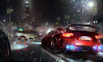 A Sci-Fi night race unfolds on a wet city street, featuring futuristic cars speeding past illuminated buildings in this HD PC desktop wallpaper and background.