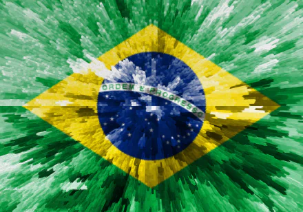 Stylized Brazil flag in blue, yellow and green with a pixelated burst effect - HD PC desktop wallpaper background.