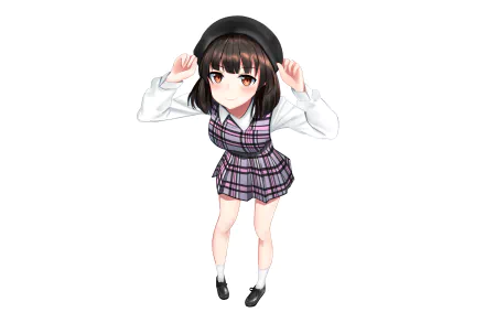 HD anime desktop wallpaper featuring Megumi Katō from Saekano: How to Raise a Boring Girlfriend, wearing a plaid dress and black beret, set against a white background.