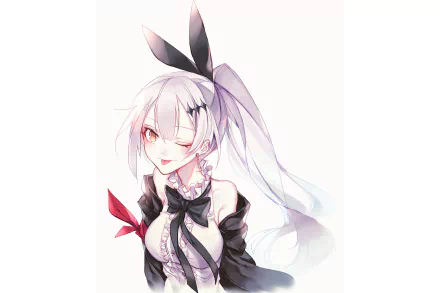 HD PC desktop wallpaper featuring Five-seveN from the video game Girls Frontline, showcasing her with white hair, a black bow, and a confident expression.