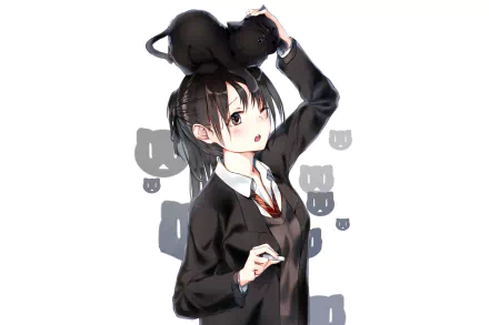 Anime Original HD PC desktop wallpaper/background: a schoolgirl in a black uniform adjusts a cat‑ear headband, dark hair and ribbon tie, grey cat silhouettes on a clean white backdrop.
