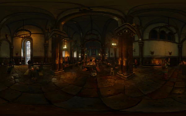 HD PC desktop wallpaper featuring a detailed interior scene from the video game The Witcher 3: Wild Hunt, showcasing medieval architecture and warm lighting.