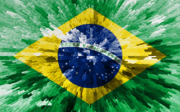 Stylized Brazil flag in blue, yellow and green with a pixelated burst effect - HD PC desktop wallpaper background.