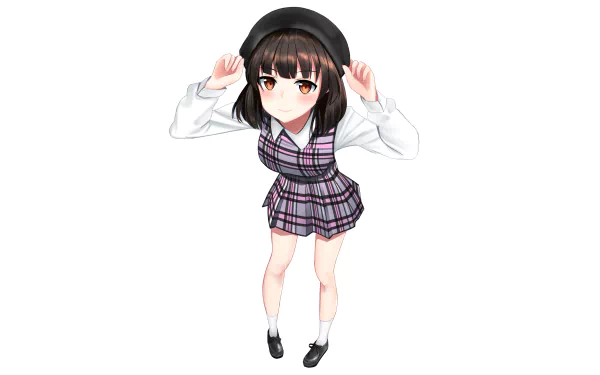 HD anime desktop wallpaper featuring Megumi Katō from Saekano: How to Raise a Boring Girlfriend, wearing a plaid dress and black beret, set against a white background.