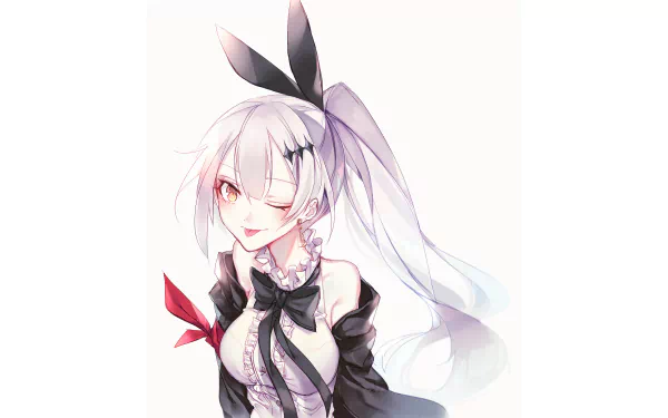 HD PC desktop wallpaper featuring Five-seveN from the video game Girls Frontline, showcasing her with white hair, a black bow, and a confident expression.