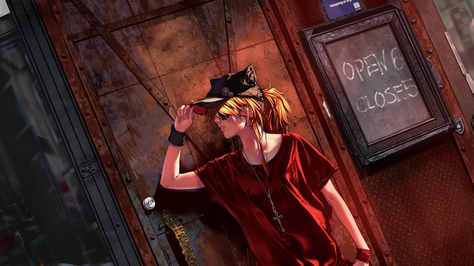 Asuka Langley Sohryu from Neon Genesis Evangelion stands confidently by a door with an Open/Closed sign, showcasing a striking scene from Evangelion: 3.0 You Can (Not) Redo.