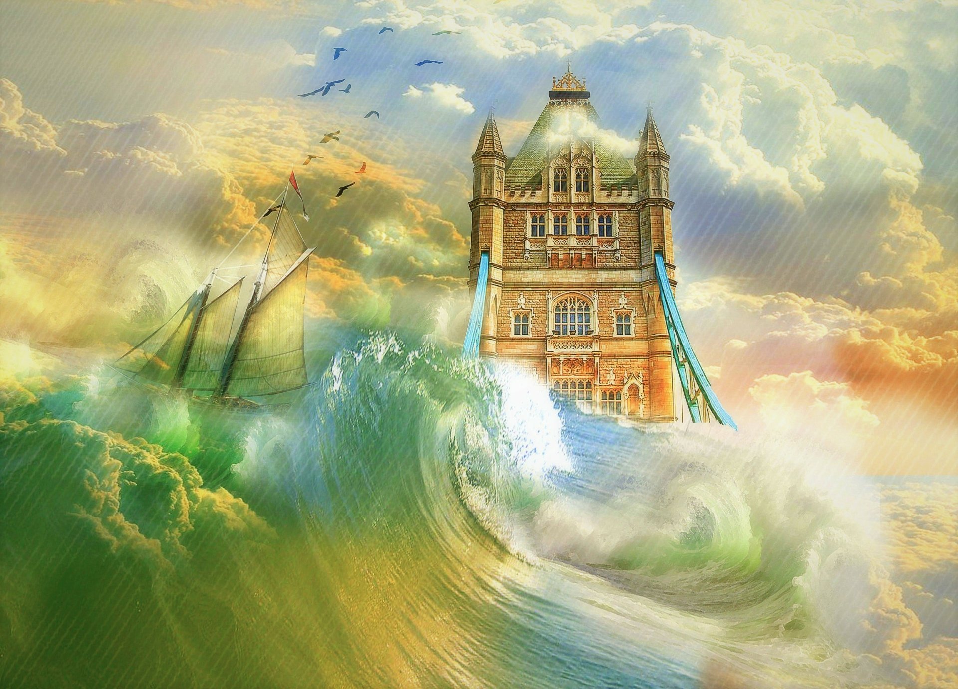 Download Tsunami Wave Storm Tower Bridge Artistic Painting HD Wallpaper