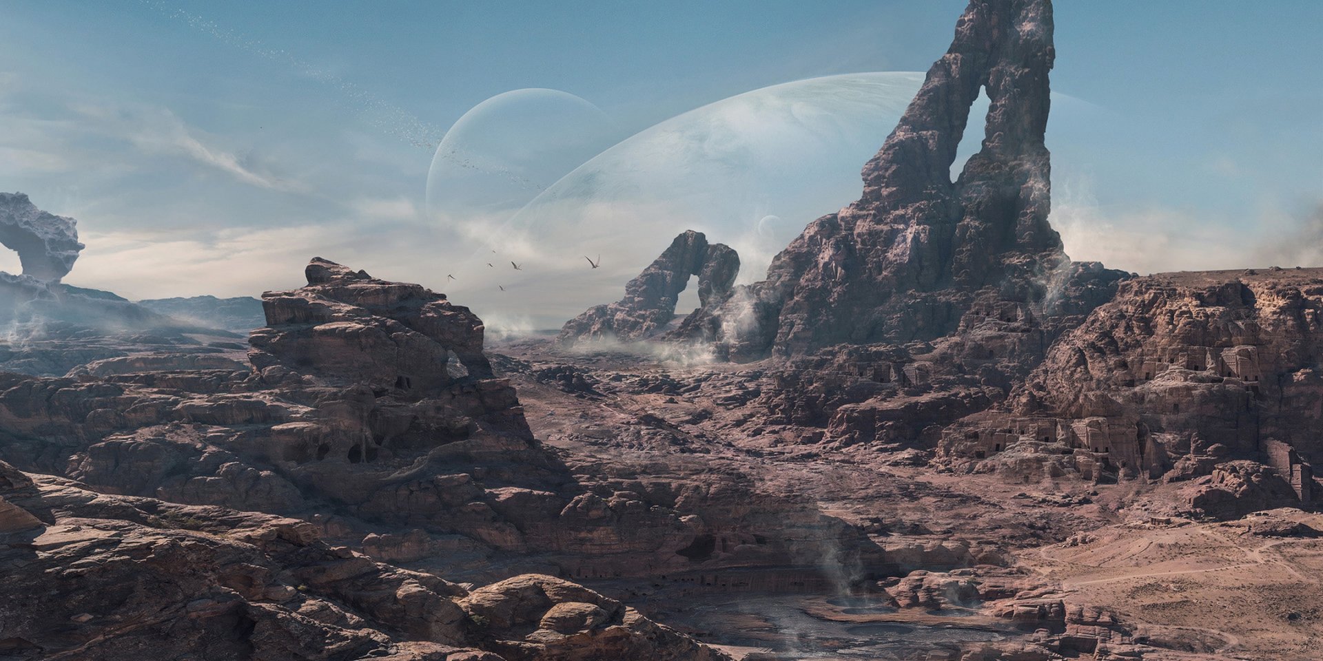 Sci-fi landscape featuring rocky terrain with towering formations under a planet-filled sky, captured in HD for a striking PC desktop wallpaper.