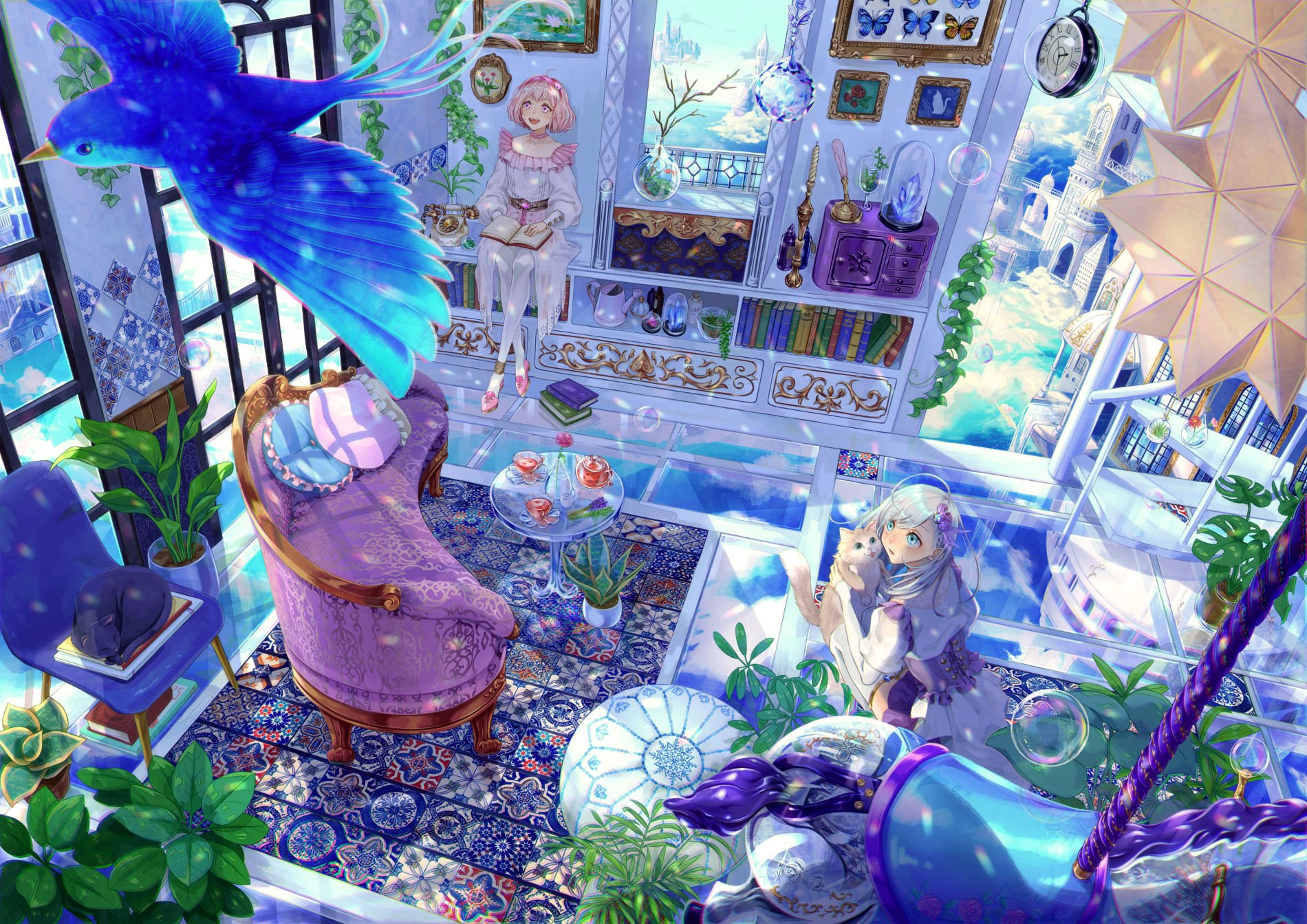 HD anime wallpaper featuring an original, vibrant indoor fantasy scene. A girl gazes at a blue bird while another enjoys a chic, cozy room filled with plants, books, and decorative items.