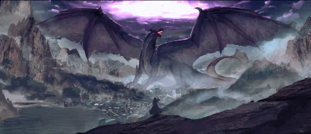 HD desktop wallpaper featuring a dramatic fantasy scene with a massive dragon looming over a foggy landscape, illuminated by a mystical purple sky.
