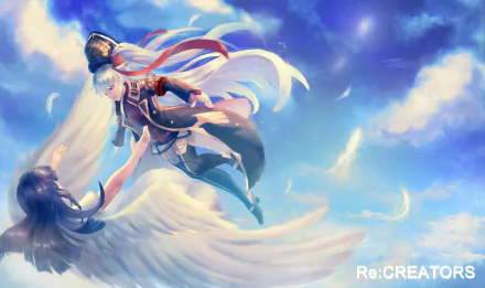 HD PC desktop wallpaper featuring Setsuna Shimazaki from Gunpuku no Himegimi in the anime Re:Creators, soaring with angelic wings against a vibrant sky backdrop.