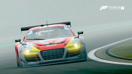 HD PC desktop wallpaper: Audi race car on a misty track in Forza Motorsport 7 livery, headlights on and Forza 7 logo in the corner.