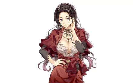 HD desktop wallpaper featuring a character from the anime Violet Evergarden, with long dark hair and a stylish red outfit.