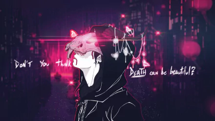 A sad anime character in a dark city background wears a skull mask, surrounded by glowing hearts and the text, Don't you think death can be beautiful? for a striking HD wallpaper.