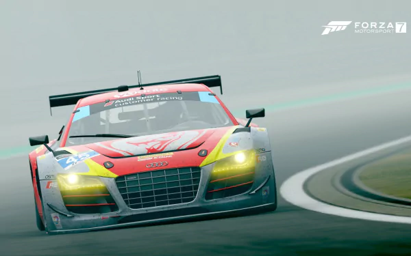 HD PC desktop wallpaper: Audi race car on a misty track in Forza Motorsport 7 livery, headlights on and Forza 7 logo in the corner.