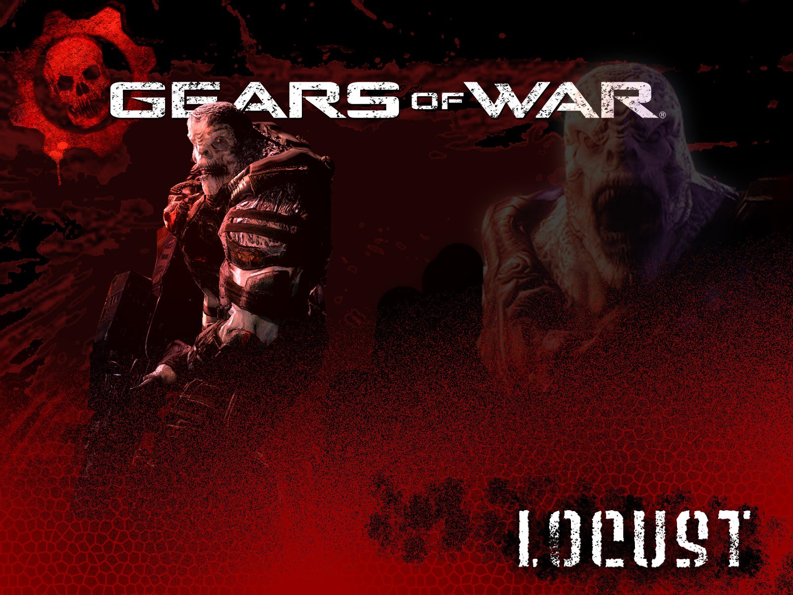 A dynamic HD wallpaper featuring characters from Gears of War, showcasing intense action against a dark, dramatic background with bold red tones.