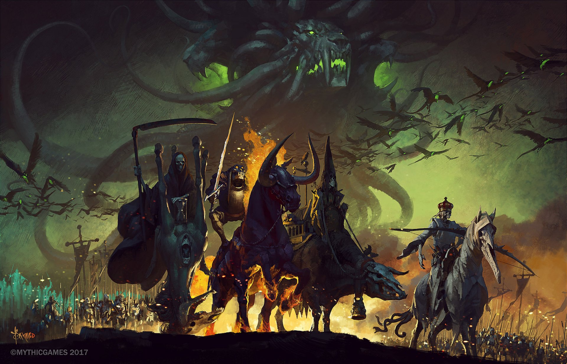 HD wallpaper depicting the Four Horsemen of the Apocalypse leading an undead army under a dark, ominous sky dominated by a demonic presence, symbolizing death and darkness.