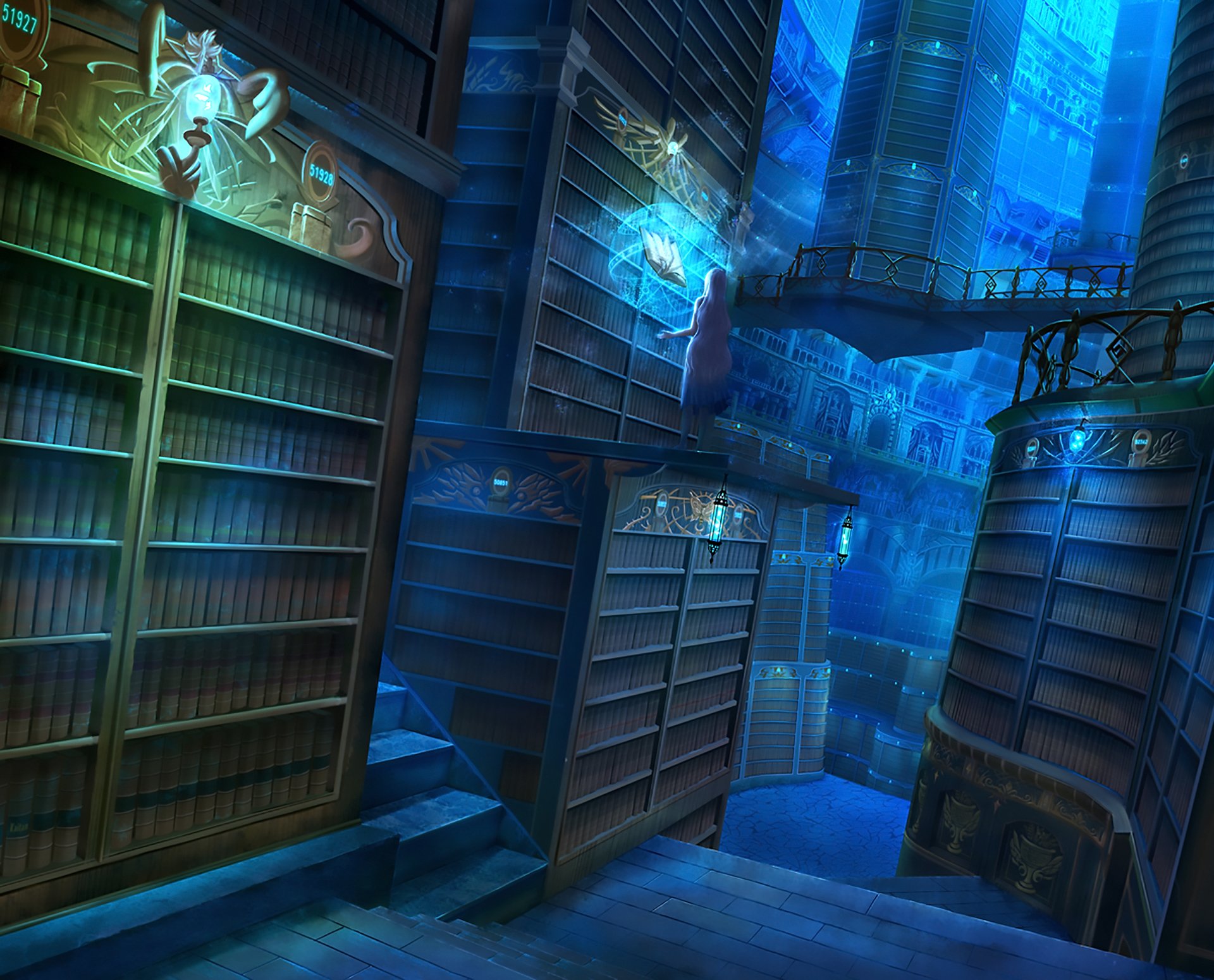A detailed anime-style original HD PC desktop wallpaper depicting a vast, illuminated library with towering bookshelves and floating books in cool blue tones.