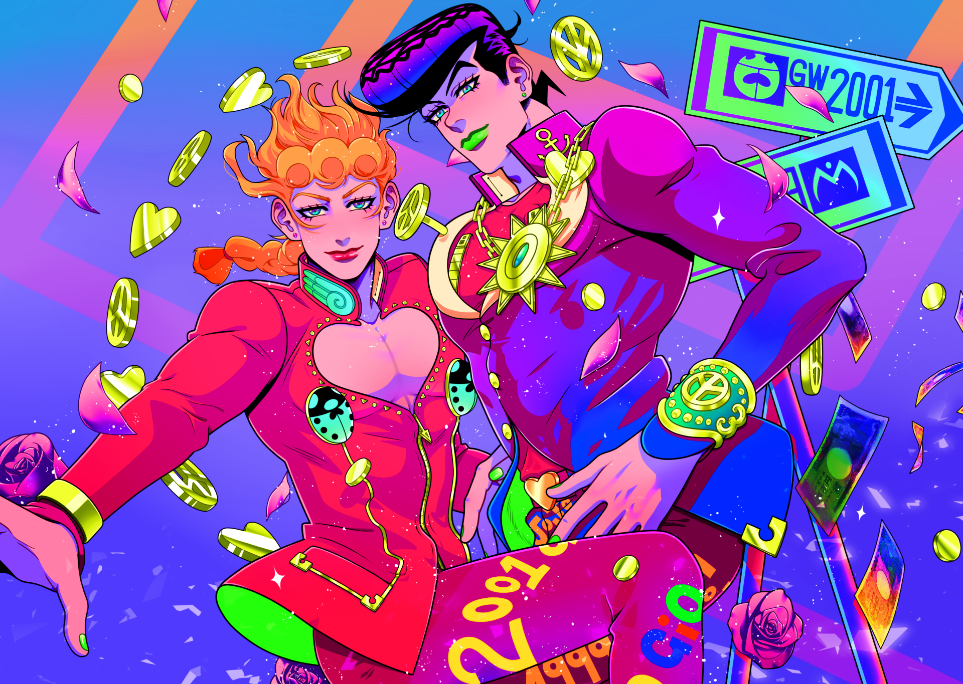HD PC desktop wallpaper featuring Giorno Giovanna and Josuke Higashikata from the anime Jojo's Bizarre Adventure, with vibrant colors and dynamic poses.