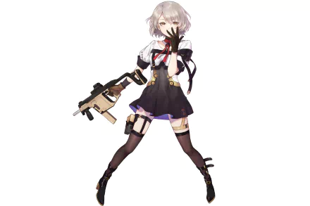HD desktop wallpaper of Vector from the video game Girls Frontline, featuring her in a stylish outfit with tactical gear, holding a firearm against a white background.