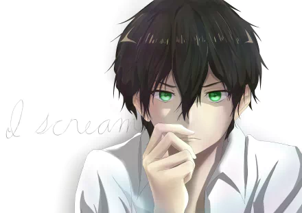 HD desktop wallpaper of Hōtarō Oreki from the anime Hyouka, featuring him with piercing green eyes and dark hair, dressed in a white shirt, with the words I scream written in the background.