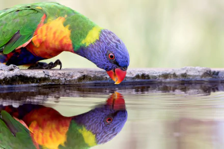 A vibrant rainbow lorikeet bird drinks from water, its colorful feathers mirrored in the still surface, creating a striking reflection in this HD desktop wallpaper.