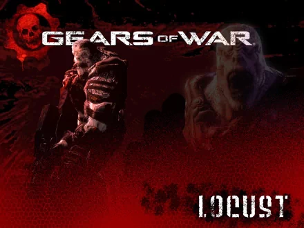 A dynamic HD wallpaper featuring characters from Gears of War, showcasing intense action against a dark, dramatic background with bold red tones.