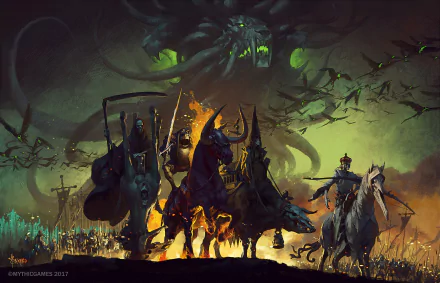 HD wallpaper depicting the Four Horsemen of the Apocalypse leading an undead army under a dark, ominous sky dominated by a demonic presence, symbolizing death and darkness.
