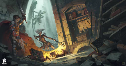 A white-haired elf warrior woman wields a sword and torch, standing fiercely in a dark fantasy dungeon with a spellbook glowing nearby and shadowy foes approaching.